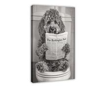 Cute Animal Poster Canvas Wall Art Funny Animal Cockapoo Dog on Toilet Reading Newspaper Wall Decor for Kids Bedroom Decor Frame 12x18inch(30x45cm)