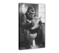 Cute Animal Poster Canvas Wall Art Funny Animal Cute Gorilla on A Toilet Reading A Newspaper Wall Decor for Kids Bedroom Decor Frame 12x18inch(30x45cm)