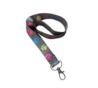 Cute Animal Print Ribbon Lanyard - 1" Grosgrain Neck Strap with Lobster Clasp - Floral Badge Holder or Keychain - Individual or Bundle Pack (Paw Prints on Black)