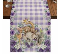 Cute Animal Rose Table Runner, Cartoon Bear Elephant Giraffe Deer Purple Flower Plaid Cotton and Table Linen Runner for Kitchen Dining Home Decor for Party Festival Holiday Decoration Gift 13x48in