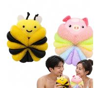 Cute Animal Shower Sponges Set of 2, Bee and Pig Cartoon Bath Puffs with Hanging Loop, Soft Mesh Loofah for Gentle Cleansing and Exfoliating, Fun Bath Accessories for Teens & Adults
