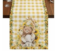 Cute Animal Sunflower Table Runner, Cartoon Bear Elephant Giraffe Flower Yellow Plaid Cotton and Table Linen Runner for Kitchen Dining Home Decor for Party Festival Holiday Decoration Gift 14x72in