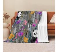 Cute animals Flannel Fleece Throw Blanket Soft Cozy Panda Wildflowers Pattern Blankets for Children Adults All Season, Warm and Lightweight, 220 x 240cm,Dark gray