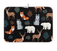 Cute Animals Fox Wolf Bear Black Dish Drying Mat 18" x 16" Absorbent Drying Pad Reversible Kitchen Counter Mat