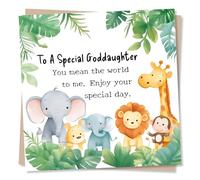Cute Animals Happy Birthday Card For Goddaughter - Giraff, Monkey, Elephants - You Mean The World To Me - For a Godchild, Loved One, Special Someone - From Godparent, Godmother, Godfather