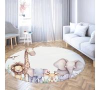 Cute Animals Large Round Rug 170cm Playful Lion Elephant Giraffe Pattern Indoor Washable Lightweight Circle Carpet for Mudroom Apartment Home