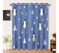 Cute Animals Penguins Triangles Curtains for Bedroom & Living Room, 2 Panel Set Blackout Drapes - Blue Printed Thermal Insulated Room Darkening Eyelet Curtains W66 x L90 Inch