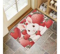Cute Animals Strawberry Bunny Door Mats Indoor,Dirt Trapper Mat Absorbent Non-Slip Low Profile Doormat for Entrance,Inside, Kitchen,Front Door Mat Washable for Pets and Dogs- 80 x 120 cm,Red