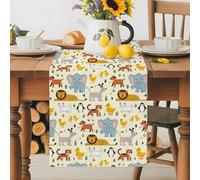 Cute Animals Table Runner 18x72 Inches Long Elephants Tigers Lions Bird Cat Duck Penguins Cotton Linen Table Runner Burlap Style for Dinner Table Party Decor Tabletop Decorations