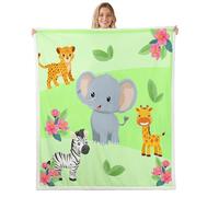 Cute Animals Throw Blanket Cartoon Elephant Giraffe Zebra Fleece Flannel Blankets Kids Boys Girls Room Decor Wildlife Flower Leaves Bed Blankets for Bed Sofa Couch Green Plush Blanket Baby 30"x40"