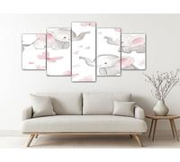 Cute Anime Elephant Framed 5 Piece Canvas Wall Art White Painting Prints for Home Decor Living Room and Bedroom Canvas Wall Art Ready to Hang Artwork 200x100 cm