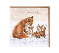 Cute Artistic Open Christmas Card (WRE-X077) from Wrendale Designs - Peace, Love and Joy - Fox and Cubs - Lovely Gold Foil Finish - Christmas Card for Any Recipient
