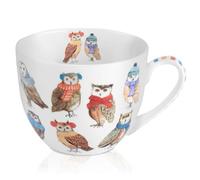Cute Autumn Owls Coffee Mug, 20 oz Bone China Mugs with Charming Owls in Color Scarves and Hats, Perfect Brithday and Christmas Gift for Bird Enthusiasts, Designed in England by Harvest Green Studio