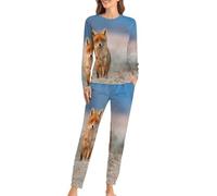 Cute Autumn Red Fox Womens Pyjama Sets Long Sleeve Sleepwear Loungewear PJs Sets with Pockets XL