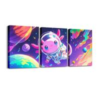Cute Axolotl Astronaut Canvas Wall Artwork,Starry Sky Galaxy Universe Planets Wall Painting for Kids Girls Boys,Cartoon Salamander Outer Space Poster Pictures,Fashion 3 Pcs Framed Canvas Wall Art