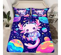Cute Axolotl Astronaut Kids Fitted Sheet Double Size,Star Sky Galaxy Planet Outer Space Bedding Set,Girls Women Room Decor,Cartoon Salamander Pink Blue Bed Sheet,2 Pillowcases(No Flat)