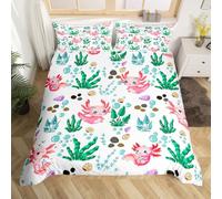 Cute Axolotl Bedding Duvet Cover Set Kids Cartoon Salamander Bedding Set Girls Decor Water Plant Comforter Cover Set Sea Creature Underwater World Pink Bedspread Cover Quilt Cover 3Pcs Queen Size
