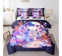 Cute Axolotl Bedding Set Twin Size,Beach Ocean Comforter Set 7 Piece Bed In A Bag,for Kids Boys Girls Teens Room Decoration,3D Kawaii Comforter and Sheets Cartoon Mexican Salamander Bed Set
