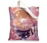 Cute Axolotl Canvas Tote Bag, Colorful Coral Pattern Reusable Grocery Bags, Fanciful Ocean Art Lightweight Washable Shoulder Strap Canvas Bags for Shopping Travel Beach 13x15 Inch