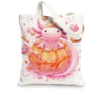 Cute Axolotl Canvas Tote Bag, Fanciful Peach Pattern Reusable Grocery Bags, Lightweight Washable Shoulder Strap Canvas Bags for Gym Outdoor Travel Beach Picnic 13x15 Inch
