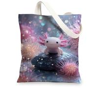 Cute Axolotl Canvas Tote Bags, Colorful Aquatic Creature Pattern Reusable Shopping Bags, Fun Playful Lightweight Washable S, Colorful, 13x15 Inch