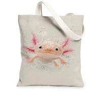 Cute Axolotl Canvas Tote Bags, Colorful Aquatic Design Reusable Grocery Bags, Summer Lightweight Washable Shoulder Strap Fo, Beige, 13x15 Inch