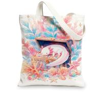 Cute Axolotl Canvas Tote Bags, Colorful Ocean Theme Reusable Shopping Bags, Artistic Lightweight Washable Shoulder Strap Tote for Travel Beach Picnic 13x15 Inch