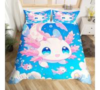 Cute Axolotl Duvet Cover Set Double Size,Blue Sky Romantic Starry Bubbles 3D Print Bedding Set,Kawaii Salamander Cartoon Marine Life Comforter Cover(No Filler) for Teens,3 Pcs