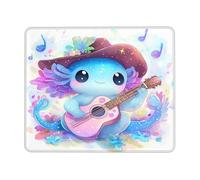 Cute Axolotl Guitar Playing Mouse Pad, Blue Pastel Animal Art Stitched Edge Mousepad, Rubber Non-Slip Washable Gaming Mouse Pad for Home and Office Computer, Laptop Square 8x10 Inch