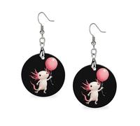 Cute Axolotl Holding Balloon Women's Drop Earrings Wooden Dangle Pendant with Stud Hoop Jewellery Gifts
