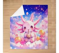 Cute Axolotl Kids Flannel Blanket,Cartoon Animal Galaxy Starry Sky Bed Blanket,Star Heart Kawaii Magical Girls Boys Sofa Decor,Pink Purple Fuzzy Blanket,Queen Size (90 x 90 Inches)