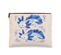 Cute Axolotl Makeup Bag, Blue Aquatic Creature Cosmetic Travel Bag for Women, Portable Canvas Zipper Organizer, Gift for Birthday and Summer, Blue, 7x9 Inch