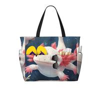 Cute Axolotl Print Large Beach Bag Foldable Travel Shoulder Tote Bag With Pocket For Weekender Pool Vacation