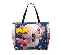 Cute Axolotl Print Large Beach Bag Foldable Travel Shoulder Tote Bag With Pocket For Weekender Pool Vacation