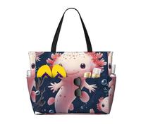 Cute Axolotl Print Large Beach Bag Foldable Travel Shoulder Tote Bag With Pocket For Weekender Pool Vacation