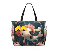 Cute Axolotl Print Large Beach Bag Foldable Travel Shoulder Tote Bag With Pocket For Weekender Pool Vacation