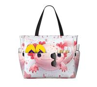 Cute Axolotl Print Large Beach Bag Foldable Travel Shoulder Tote Bag With Pocket For Weekender Pool Vacation
