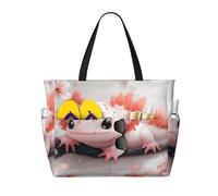 Cute Axolotl Print Large Beach Bag Foldable Travel Shoulder Tote Bag With Pocket For Weekender Pool Vacation