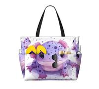 Cute Axolotl Print Large Beach Bag Foldable Travel Shoulder Tote Bag With Pocket For Weekender Pool Vacation