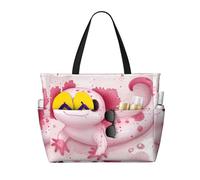 Cute Axolotl Print Large Beach Bag Foldable Travel Shoulder Tote Bag With Pocket For Weekender Pool Vacation