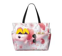 Cute Axolotl Print Large Beach Bag Foldable Travel Shoulder Tote Bag With Pocket For Weekender Pool Vacation