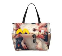 Cute Axolotl Print Large Beach Bag Foldable Travel Shoulder Tote Bag With Pocket For Weekender Pool Vacation