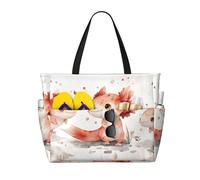 Cute Axolotl Print Large Beach Bag Foldable Travel Shoulder Tote Bag With Pocket For Weekender Pool Vacation