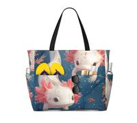 Cute Axolotl Print Large Beach Bag Foldable Travel Shoulder Tote Bag With Pocket For Weekender Pool Vacation