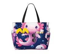 Cute Axolotl Print Large Beach Bag Foldable Travel Shoulder Tote Bag With Pocket For Weekender Pool Vacation