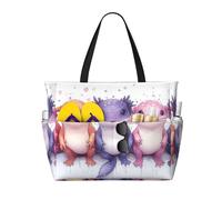 Cute Axolotl Print Large Beach Bag Foldable Travel Shoulder Tote Bag With Pocket For Weekender Pool Vacation