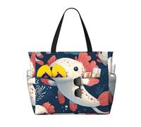 Cute Axolotl Print Large Beach Bag Foldable Travel Shoulder Tote Bag With Pocket For Weekender Pool Vacation