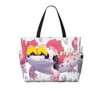 Cute Axolotl Print Large Beach Bag Foldable Travel Shoulder Tote Bag With Pocket For Weekender Pool Vacation