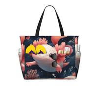 Cute Axolotl Print Large Beach Bag Foldable Travel Shoulder Tote Bag With Pocket For Weekender Pool Vacation