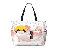 Cute Axolotl Print Large Beach Bag Foldable Travel Shoulder Tote Bag With Pocket For Weekender Pool Vacation